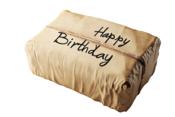 Present wrapped in brown paper with a birthday message tied with twine set against a plain background