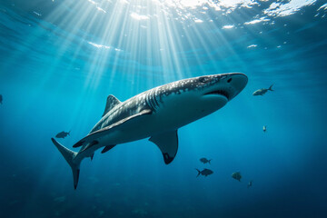 Naklejka premium Majestic Underwater View of a Whale Swimming in the Deep Ocean 