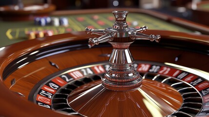Obraz premium A close-up of a luxurious roulette wheel with polished metal and vibrant red accents, set in a casino environment