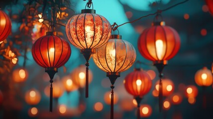 Fototapeta premium Lanterns illuminate a dark room beneath a serene blue sky.