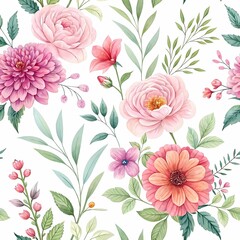 Seamless Floral Pattern with Green Leaves and Delicate Blooms on White Background 