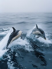 Fototapeta premium The magnificent sight of wild dolphins leaping out of the blue sea surface