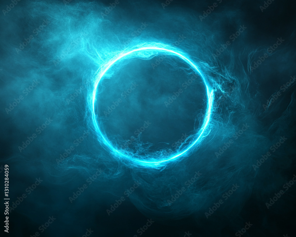 Poster glowing cyan ring within smoky, dark-blue background, creating a mysterious, ethereal mood, suitable