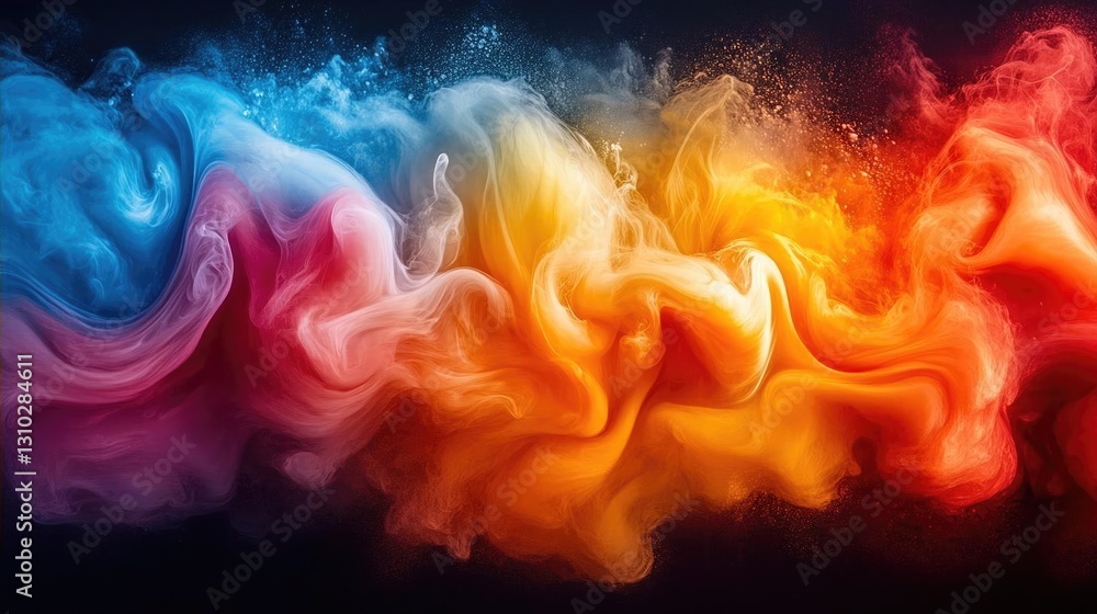 Poster vibrant abstract swirl of colorful smoke blending in a dark background, creating artistic flow