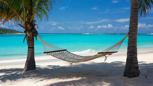 Tranquil ocean breeze: idyllic hammock sway over pristine beach with azure waves under lush palm trees