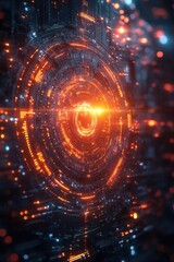 Futuristic digital interface with glowing orange patterns and intricate circuitry in a tech environment