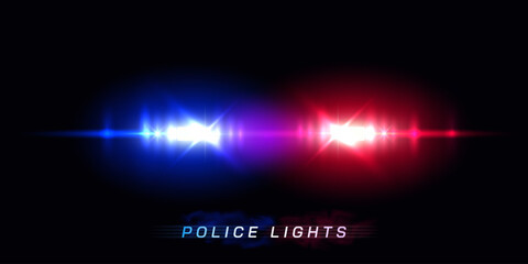 Flashing police lights at night. Blue and red blurred police car lights isolated on black background. Emergency incident, crime scene. Vector illustration.