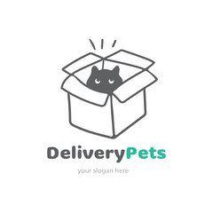 Delivery Pets Logo Vector. Cat in Box.