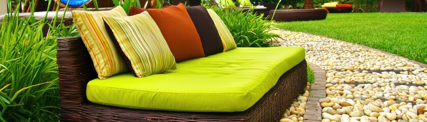 Outdoor garden bench with colorful cushions