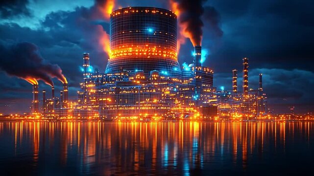 Nightfall at the Industrial Colossus: A futuristic industrial complex, ablaze with electric blue and fiery orange lights, stands majestically by a tranquil body of water.