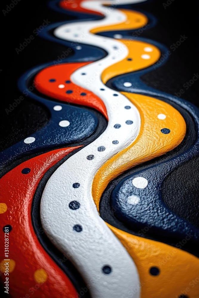 Poster colorful abstract design with wavy patterns and dots on a textured surface, ideal for artistic backg