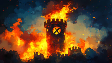 The symbol is prohibited from being exposed to fire. Forbidden - Tower. Illustration