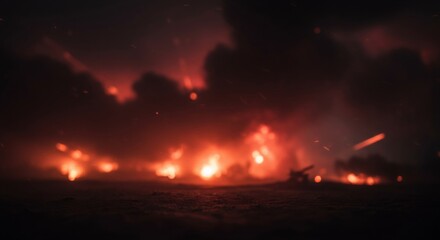 Fototapeta premium Nighttime wildfire raging across dark landscape. Glowing flames and embers illuminate smoky sky. Natural disaster, forest fire, climate change impact. Emergency situation.