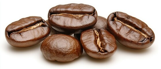 Obraz premium Coffee beans arranged on a white surface with some scattered pieces.