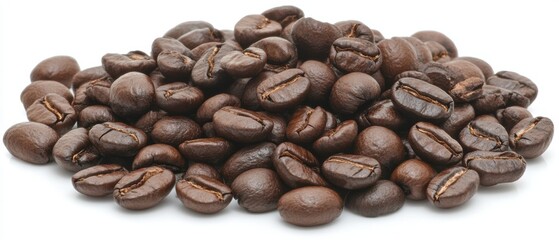 Naklejka premium A detailed view of coffee beans stacked on a clean white background.
