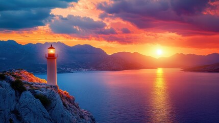 A lighthouse stands on a rocky cliff with a vibrant sunset backdrop.