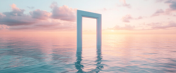 White door frame in calm ocean at sunset, pastel skyÂ and water colors, symbolizing transition, new beginnings, or escape