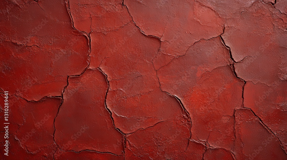 Poster a textured red wall with cracks, showcasing a rich, layered appearance that adds depth and character