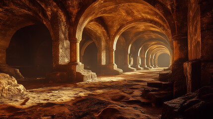 Mysterious ancient underground structure illuminated by soft light with intricate arches and a sandy floor during the early morning hours