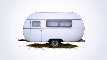 Vintage rounded camper trailer resting on grassy field, featuring soft curves against pristine white minimalist setting