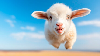 Happy baby goat jumps in air, fluffy fur glowing under bright sky. Playful movement and cheerful expression capture spring joy. Perfect for topics on nature, happiness, and farm animals.