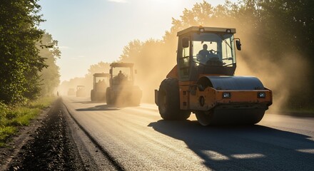 Road construction at sunset, asphalt rollers compacting new road surface.