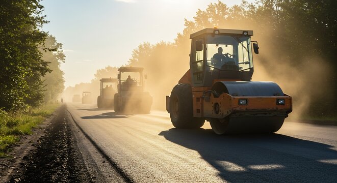 Road construction at sunset, asphalt rollers compacting new road surface.