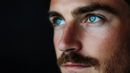 Obraz premium Close-up portrait of a young man with blue eyes and a mustache, looking thoughtfully off-camera against a dark background.