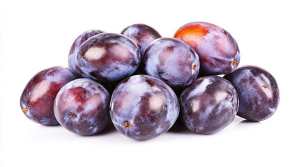 Obraz premium Ripened purple plums piled artfully, presenting vibrant color and smooth texture atop pristine white surface