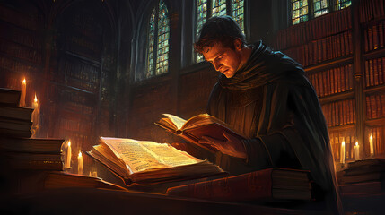 A mysterious scholar in a dark medieval library, studying an ancient forbidden text illuminated by flickering candlelight. Forbidden - Tower. Illustration