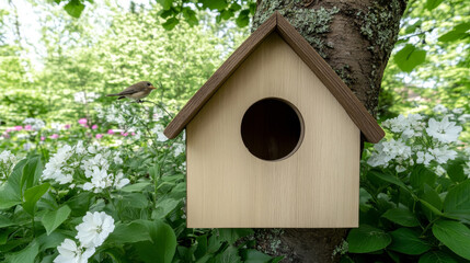 Small bird perches near a wooden birdhouse attached to a tree, surrounded by white flowers and lush greenery in a peaceful garden setting