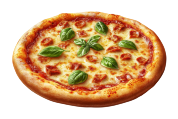 Freshly baked pizza topped with pepperoni and basil on a wooden surface