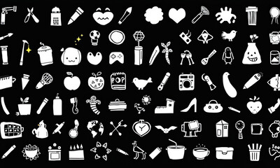 Cute doodles featuring various icons like hearts, tools, and animals on black background evoke creativity and playfulness. Perfect for design projects or artistic inspiration
