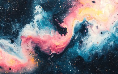 Abstract cosmic swirl with vibrant pink, blue, and yellow colors in deep space