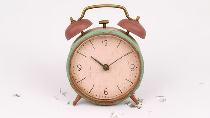 Weathered brass alarm clock with pink face and green frame showing time passing on plain white background