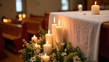 Burning candles on altar in small chapel, spiritual serenity