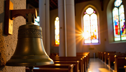 Obraz premium Easter church bell shining in morning light, a symbol of hope