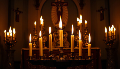 Flickering candles on altar in dimly lit church, solemn ambiance