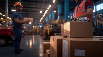 Industrial warehouse scene with workers handling sealed and boxed spare parts for shipment efficiency