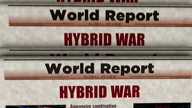 Hybrid war digital attack and cyber warfare  vintage news and newspaper printing. Abstract concept retro headlines 3d.