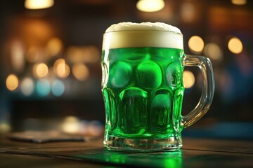 Bright green beer in glass mug at pub