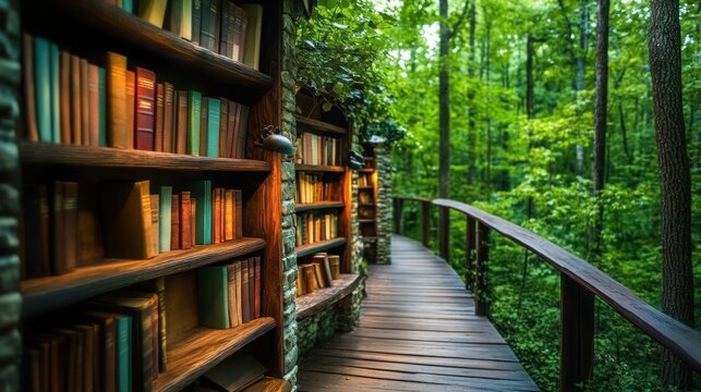 Wooden walkway through forest with a circular bookshelf