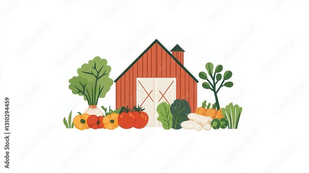 Poster rustic barn surrounded by fresh vegetables reflecting a clean and modern aesthetic in a farm setting