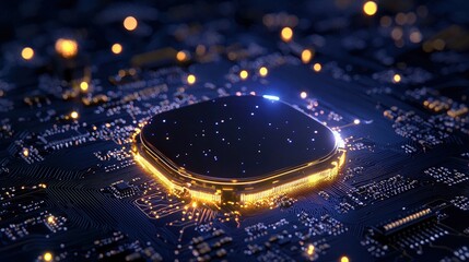 Glowing central processing unit on circuit board.