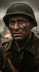 Obraz premium Gritty portrait of soldier in military helmet with intense gaze. Dramatic war scene for Memorial Day or Veterans Day. Honoring service and sacrifice concept.