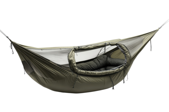 Hammock with integrated sleeping area designed for camping and outdoor relaxation in various environments