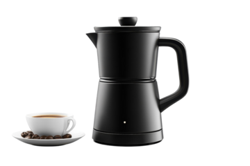 Manual coffee maker with a cup of espresso and coffee beans on a minimalistic kitchen counter