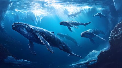 Fototapeta premium Underwater humpback whales - a pod of humpback whales swim together on their annual migration to northern waters. Glacial - Iceberg. Illustration