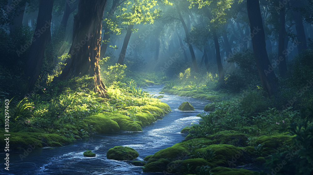 Aufkleber forest stream flows through lush greenery, sunlight filtering through trees creating a mystical atmo