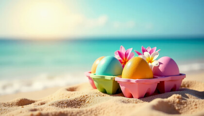 Easter eggs in colorful container decorated with Hawaiian flowers on ocean shore